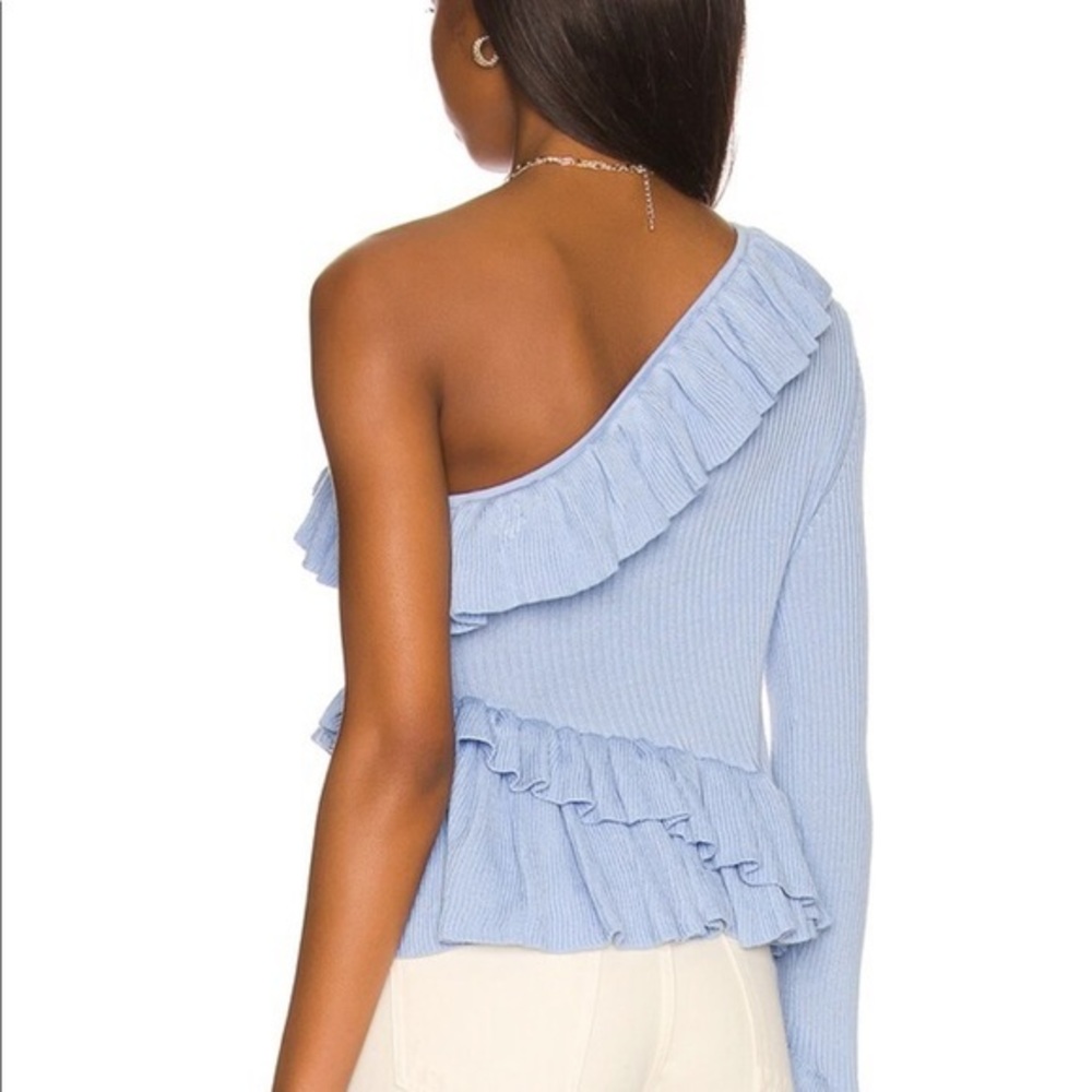 LPA One-Shoulder Light Blue Ruffled Ribbed Sweater - Picture 4 of 4